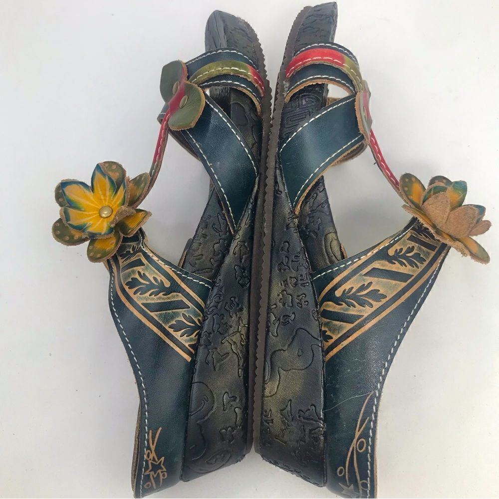 Spring Step Tooled Leather Colorful Flower Slip On Wedge Sandals - Picture 4 of 13